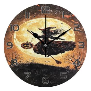Imagem de YETTASBIN Relógio de parede de bruxa de Halloween, silencioso, sem tique-taque, operado por bateria, relógio redondo decorativo criativo para cozinha, sala de estar, banheiro, decoração de escritório