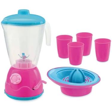 Imagem de Kit Liquidificador Infantil com Manivela, Espremedor e 4 Copos, Brinquedo de Cozinha, Rosa e Azul, Polipropileno, 35x25cm