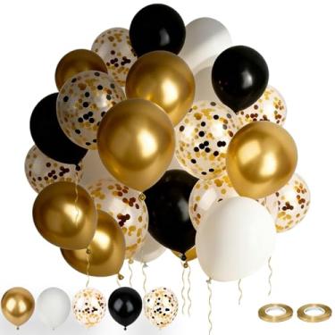 Imagem de 50 pack Black Gold Confetti Balloons, 12 Inch Black Gold And White Confetti Latex Balloons Kit with Gold Ribbons for Birthday Wedding Baby Shower Graduation Party Decorations, Black Gold White Color