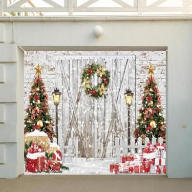 Imagem de DORCEV 2,1 x 2,4 m, decorações de porta de garagem de Natal, neve, inverno, guirlanda, banner, fundo, porta de madeira, parede de tijolos, decoração de pinheiro, Natal, bolas douradas, presentes, foto