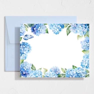 Imagem de Whaline Pacote com 24 cartões de papelaria de hortênsia com envelopes em branco, cartões de agradecimento, cartão de felicitações floral azul para primavera, aniversário, convites de casamento
