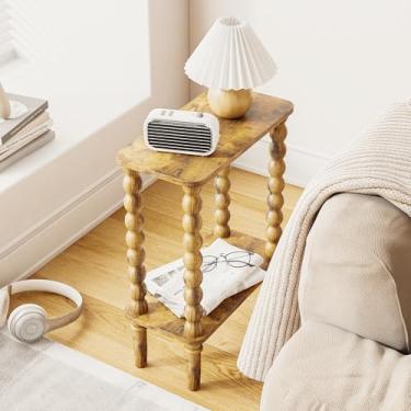 Imagem de Veegle Mesa lateral estreita, mesa de canto pequena com prateleira de armazenamento, mesas de centro pequenas de 2 camadas para sala de estar, quarto, espaços estreitos (marrom rústico)