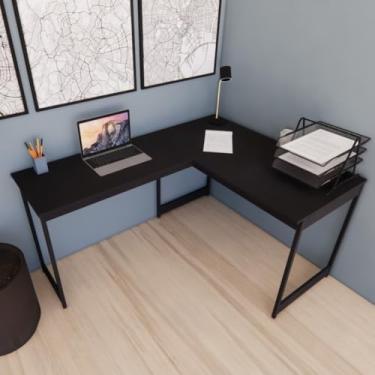 Imagem de Mesa Em L Estilo Industrial Escrivaninha De Canto Escritório Estudo (Preto Pés Pretos)