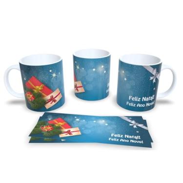 Imagem de Caneca de Cerâmica Tema Natal com Papai Noel na Chaminé, Azul com Flocos de Neve, 325ml (04)