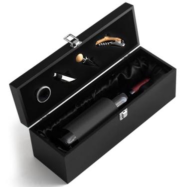 Imagem de Teenyyou 1 caixa de presente vintage de madeira para vinho, caixa de vinho com 4 acessórios, suporte de garrafa única de madeira retrô, caixa de presente de dia de Natal, estojo de armazenamento para
