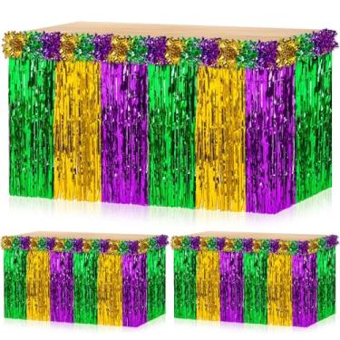 Imagem de DTOFOOT Conjunto de saia e guirlanda de mesa com franjas, verde roxo dourado metálico decoração de mesa com adesivo, decorações de festa de carnaval para fundo de toalha de mesa interna e externa