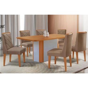 Imagem de Sala Jantar Mesa Pietá Tampo Curvo 180cm+6 Cadeiras Pietá Madeira Naturale/Off White - Capuccino/Suede Capuccino - Rufato