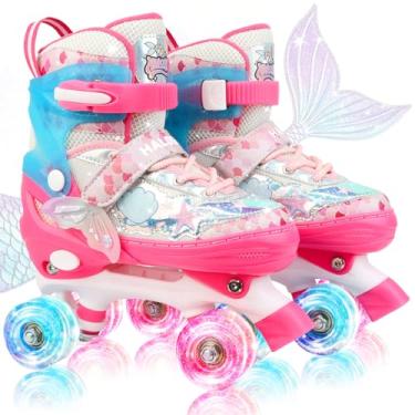 Imagem de HALOSK Patins de sereia para crianças, meninas, meninos, 4 tamanhos, quadriciclos, ajustáveis, com 8 rodas, design de escama de peixe para iniciantes de 3 a 12 anos