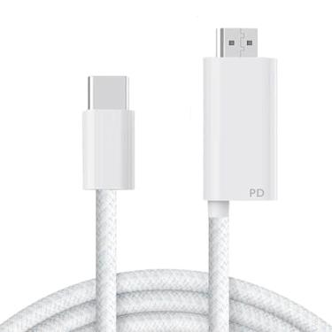 Imagem de Geobom [Certificado MFi] Cabo trançado USB C para HDMI 8K a 60Hz com porta de carregamento rápido PD de 100 W, cabo adaptador tipo C para HDMI de 1,8 m para iPhone 17/16/15, MacBook Pro/Air, iPad Pro