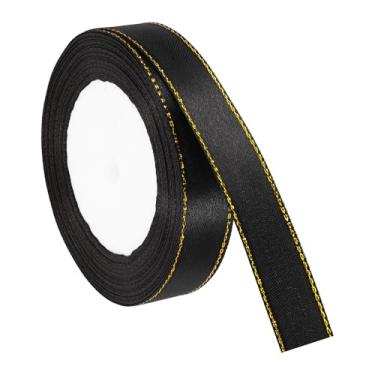 Imagem de PATIKIL Fita de cetim com borda dourada, dupla face de poliéster para embrulho de presente, buquês de flores, laços de cabelo, projetos de costura, preta