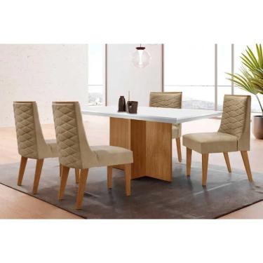 Imagem de Conjunto Sala de Jantar Berlim c/ Tampo Madeirado c/ Vidro Canto Curvo 90x90cm e 4 Cadeiras Dafne Madeira Maciça Naturale/Off White - Capuccino/Linho 