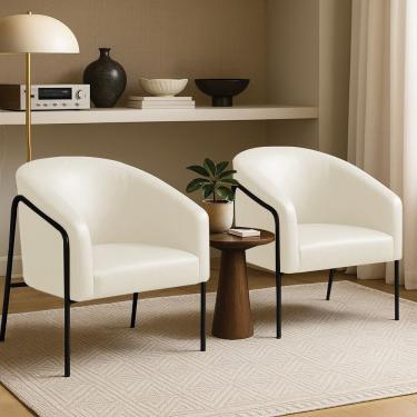 Imagem de Poltrona Sala Decorativa Kit 2 Stella Base Alta Tubo Preto Sintético Pu Bege D03 - D'rossi