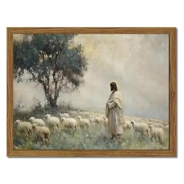 Imagem de Arte de parede Jesus Deixa as Ovelhas 99, Moldura 3D Texturizada à Mão Arenito Cristão Decoração de Parede Pinturas, Cordeiro Perdido Arte Religiosa para Sala de Oração Quarto 61x91 cm Emoldurado