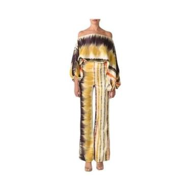 Imagem de Conjunto Feminino De Blusa De Cetim Com Estampa, Ombros Descidos E Man