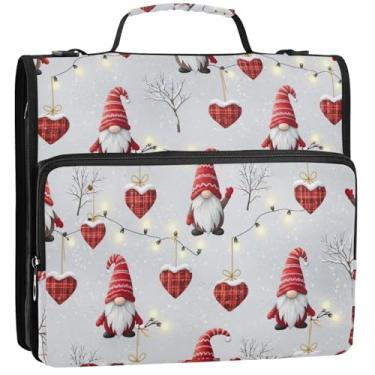 Imagem de Organizador de fichário com zíper para documentos, 3 anéis, 3 anéis, gnomos fofos, chapéus vermelhos, pasta de portfólio com alça e alça de ombro para escola, 34,5 x 31,5 x 9 cm