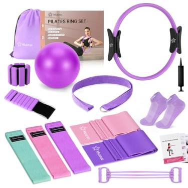 Imagem de Kit de equipamento de Pilates para treino em casa, conjunto de anel e bola de Pilates para mulheres, kit de acessórios essenciais para círculo mágico de 35 cm com pesos de pulso, faixas de resistência