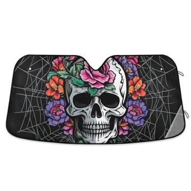 Imagem de Pára-sol personalizado de flores de caveira preta para para-brisa de carro engraçado dobrável caminhão janela de carro para-brisa frontal P, 134,6 cm x 59,7 cm
