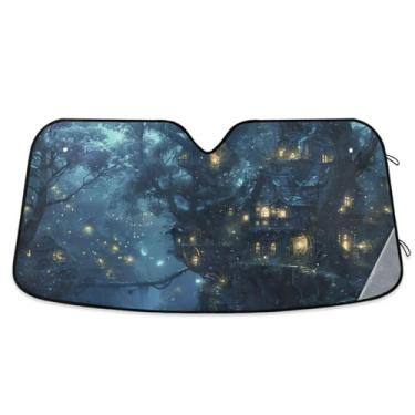 Imagem de Fantasia floresta árvore casa carro bloqueador solar blocos de para-brisa raios UV carro janela frontal persianas grandes