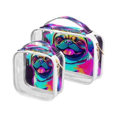 Imagem de GAIGEO Conjunto de bolsa de maquiagem transparente com folhas de samambaias e papagaios azuis, bolsa de higiene transparente aprovada pela Tsa, acessórios de viagem cosméticos, pacote com 2, Cão Pug