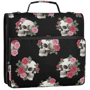 Imagem de Skulls Pink Roses Organizador de fichário preto com zíper 3 1/2 polegadas, 3 fichários com alça bolsa de ensino médio, portfólio e estojo para pasta de anéis, 34,5 x 31,5 x 9 cm