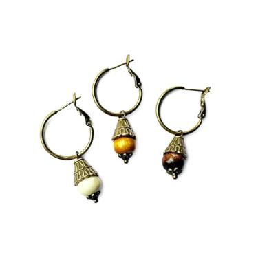 Imagem de Brincos de argola de bronze masculinos com contas de madeira, estilo hippie, conjunto de 3, grande