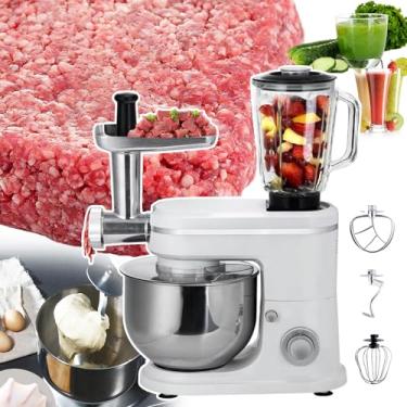 Imagem de Batedeira multifuncional 3 em 1 com moedor de carne Máquina de amassar Batedeira multifuncional com tigela de 6 litros e 3 ferramentas de mistura, espremedor de sucos de 1,5 litros,White