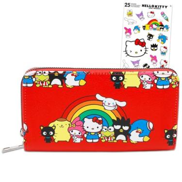 Imagem de Hello Kitty Conjunto de carteira e amigos para mulheres – Pacote com organizador de cartões Sanrio com bolsos e alça de pulso para mulheres mais adesivos | Carteira Hello Kitty para adolescentes e