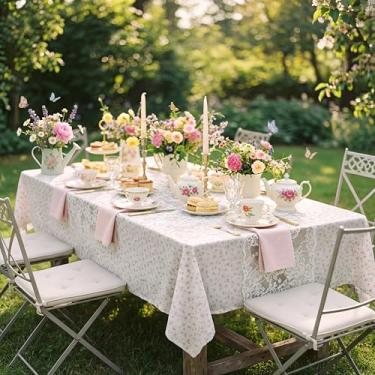 Imagem de Breling Conjunto de 2 peças de toalha de mesa de renda para decoração de festa de chá, toalha de mesa rosa floral para festa de flores silvestres, decoração de casa, chá de panela, casamento, chá de