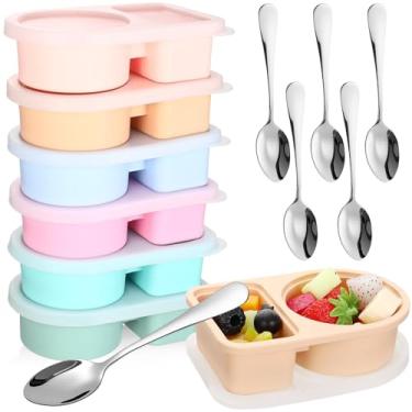 Imagem de Widecook Pacote com 6 recipientes de silicone para lanches com tampas, colheres, 2 compartimentos, recipientes de lanche reutilizáveis para molho de salada, caixas de bento portáteis para escritório