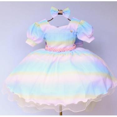 Imagem de Vestido Infantil Arco Íris Unicórnio Luxo Com Tiara - Pingo De Gente B