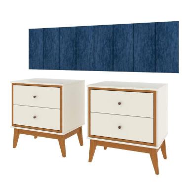Imagem de Conjunto Quarto Queen Cabeceira Adesiva 1,60 e 2 Mesas de Cabeceira Arruna em MDP Pés em Madeira