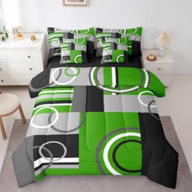 Imagem de Erosebridal Jogo de cama de 7 peças, verde, preto, cinza, xadrez, círculo, geométrico, listrado, moderno, criativo, edredom, lençol de cama