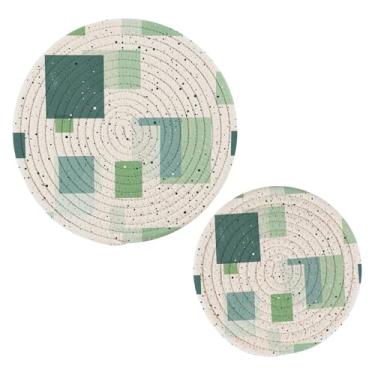 Imagem de Wassud Suportes de panela redondos quadrados verdes trivets de algodão almofadas quentes porta-copos elegantes decoração de cozinha e acessórios 2 peças