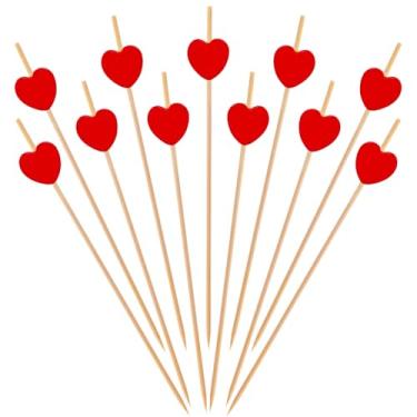 Imagem de Ishua 100 palitos de coquetel de coração vermelho e palitos de comida de coração - espetos decorativos de 12 cm para frutas, sanduíches, hambúrguer, bolo, artigos de festa de casamento de aniversário