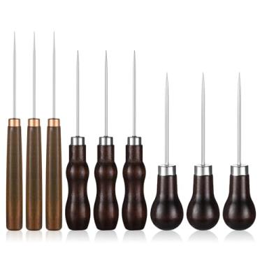 Imagem de 9 peças ferramenta de furador de arranhões em forma de cabaça cabo de madeira furador de couro furador de couro ferramenta de marcação faça você mesmo kit de agulhas de perfuração de pino feito à mão