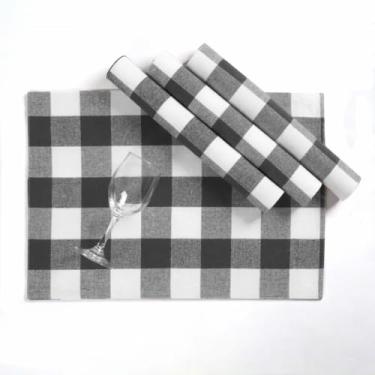 Imagem de Softopia Cotton Jogo americano xadrez cinza claro e preto, conjunto de 4, 33 x 48 cm, 100% algodão, lavável, reutilizável tapetes de mesa para dia de Ação de Graças, casamentos, jantares diários