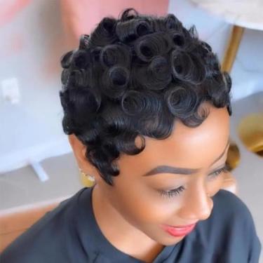Imagem de Peruca Curta Pixie Preta Natural Para Mulheres, Feita À Máquina, Cabel