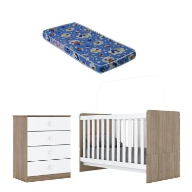 Imagem de Berço Nacional E Cômoda Infantil Labirinto Rústico Branco Brilho Com Colchão Ortobom - Henn