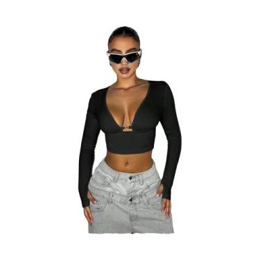 Imagem de Top Sexy Feminino Com Decote Em V, Mangas Longas E Abertura Na Barriga
