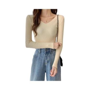 Imagem de Suéter Feminino De Tricô Gola V Slim Fit Manga Longa Cor Sólida Moda C