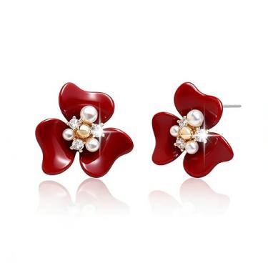 Imagem de Sonateomber Brincos de flor para mulheres, brincos modernos de pétalas florais douradas, pérolas, zircônia, formatura, primavera, casamento, acessórios de moda, joias para presente, Latão, Zircônia