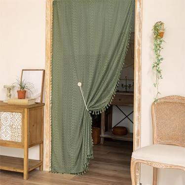 Imagem de Sutuo Home Cortinas de porta boho verde-oliva para armário de entrada, cortinas de renda transparente para porta da frente, crochê, borlas, vintage, boêmia, privacidade, temporária, divisória de