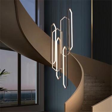 Imagem de Lustre moderno de LED para escada, grande, em formato de losango, em alumínio, com intensidade de luz ajustável e controle remoto, ideal para tetos altos em quartos e salas de jantar (B, 6 l