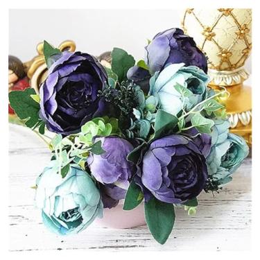 Imagem de Flores falsas, 1 ramo de peônia artificial grande, simulação de peônia, buquê de noiva adequado para casa, hotel, faça você mesmo, decoração de casamento, decoração de flores (azul)