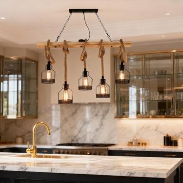 Imagem de Luminária pendente E27 vintage para mesa de jantar, em madeira, com corda de cânhamo, estilo retrô industrial, com altura ajustável, ideal para sala de estar, cozinha, bar, restaurante e caf