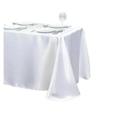 Imagem de Toalha de mesa de cetim de cor sólida, sobreposição de toalha de mesa, aniversário, casamento, banquete, restaurante, festival, festa (branca, 145 x 160 cm)