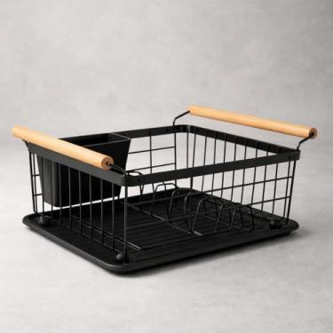 Imagem de Escorredor de Louça Elegance Preto Cozinha e Pia Madeira com porta talher 9 Pratos Balcão - Westing
