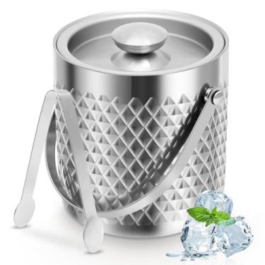 Imagem de Balde de gelo isolado a vácuo de parede dupla 2L com tampa, baldes de gelo champanhe de aço inoxidável, mantenha o gelo congelado por mais tempo para bar em casa, pub, churrasco e piquenique (prata)