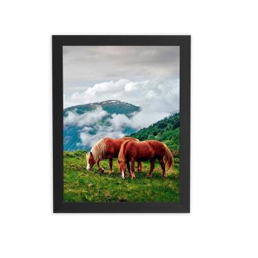 Imagem de Cavalos Montanhas Paisagem Quadro Moldura Preta 60X40Cm