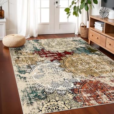 Imagem de Tapete de área lavável 4x5 Abstrato: Tapete de borracha antiderrapante para entrada de cozinha - Tapete de piso pequeno macio de pilha baixa para entrada, quarto, banheiro, decoração de casa (4x5